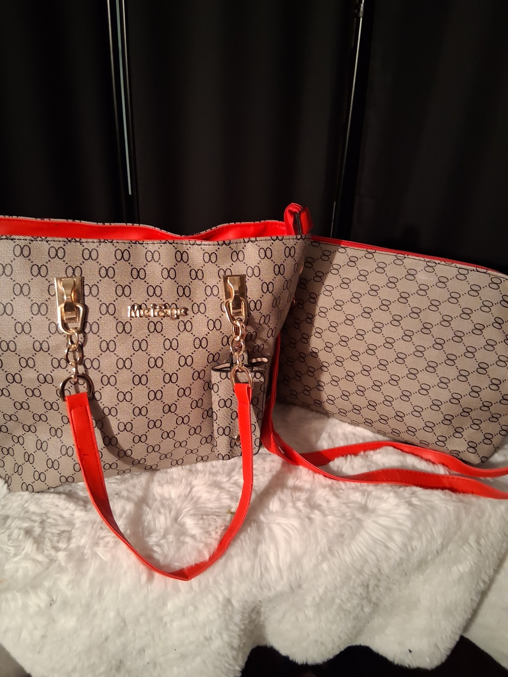 Beige Monogram Tote with Bright Red Trim and Gold Hardware 2pc NWT